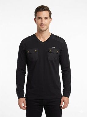 Imperious Black Thermal Utility Men’s Long Sleeve Shirt Gold Buttons cotton 1896